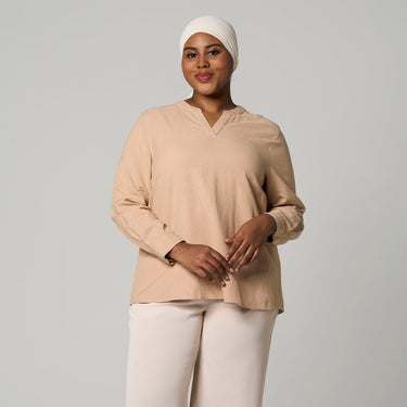 Beige Long Sleeve Linen Top by MS. READ, plus size top in UK 12–24