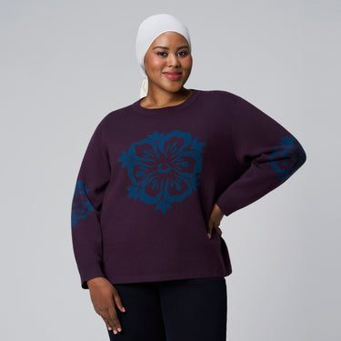 Purple Floral Emblem Sweater by MS. READ, plus size sweater in UK 12–24