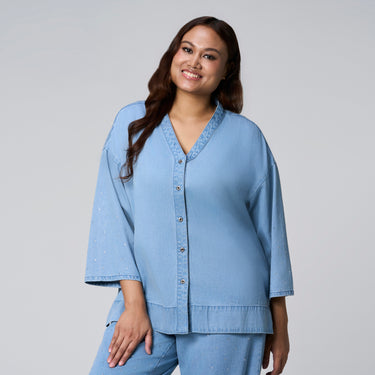 Blue Diamante V-Neck Top by MS. READ, plus size top in UK 12–24