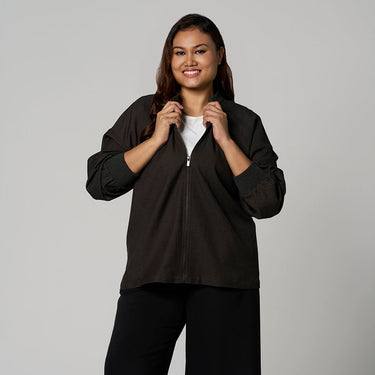 Grey Knit Bomber Jacket by MS. READ, plus size jacket in UK 12–24