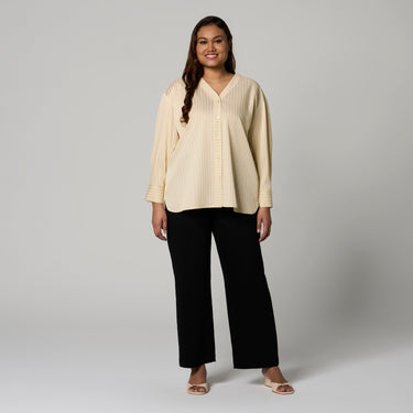 Yellow Stripe V-Neck Boxy Shirt by MS. READ, plus size shirt in UK 12–24