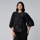 Black Jacquard Lantern Sleeve Top by MS. READ, plus size top in UK 12–24