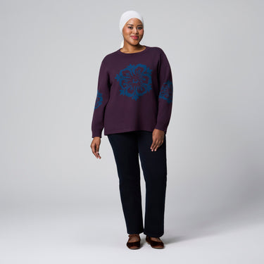 Purple Floral Emblem Sweater by MS. READ, plus size sweater in UK 12–24