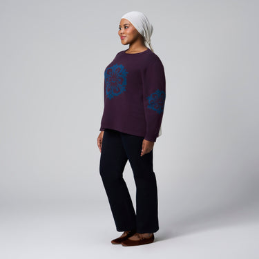 Purple Floral Emblem Sweater by MS. READ, plus size sweater in UK 12–24
